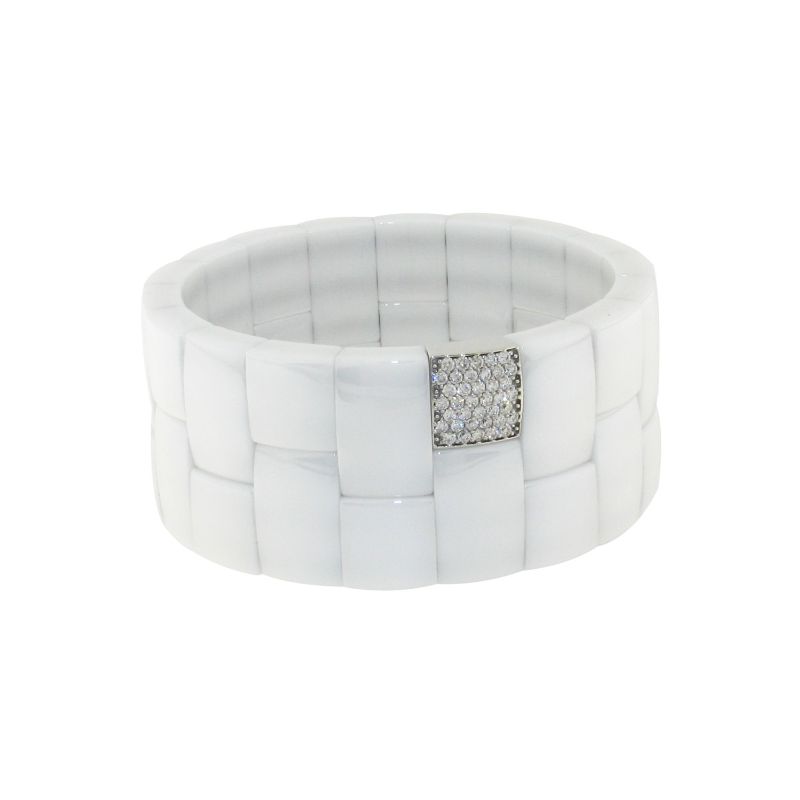 2 Row White Ceramic Stretch Bracelet with 1 Diamonds Station
