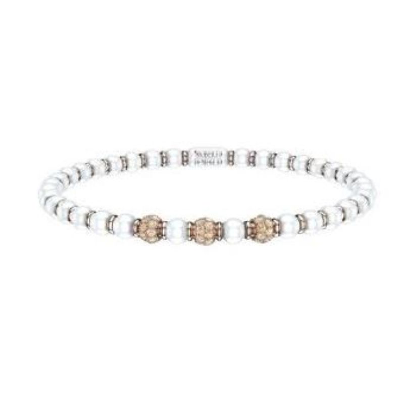 4mm White Ceramic Stretch Bracelet with 3 Champagne Diamond Beads and Gold Rodells