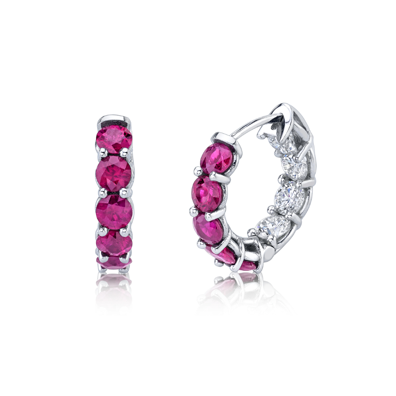Norman Silverman 3 Carat Diamond And Ruby Huggies In 18K White Gold