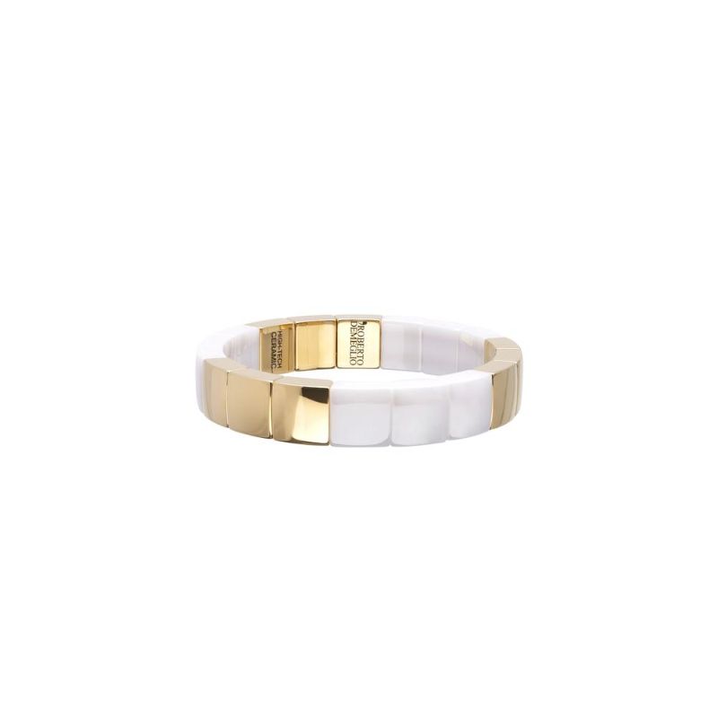 18K Yellow Gold Overlay and White Ceramic Square Stretch Bracelet