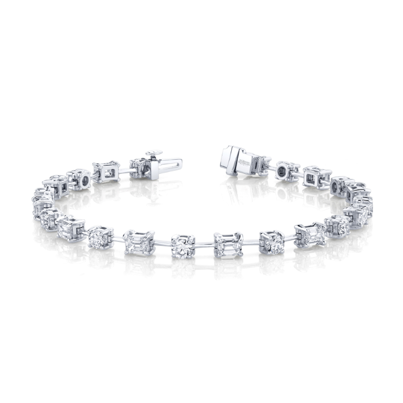 Norman Silverman 5.51 Carat 18K White Gold Alternating East-West Emerald And Round Cut Bracelet