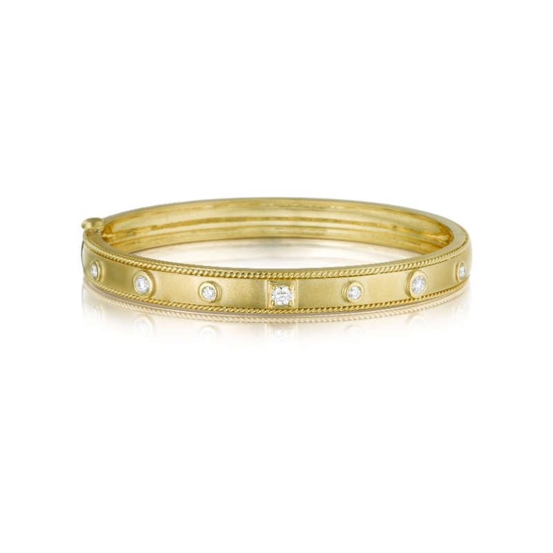 Diamond Stacking Bangle Bracelet With Rounds, Center Square, & Twisted Wire