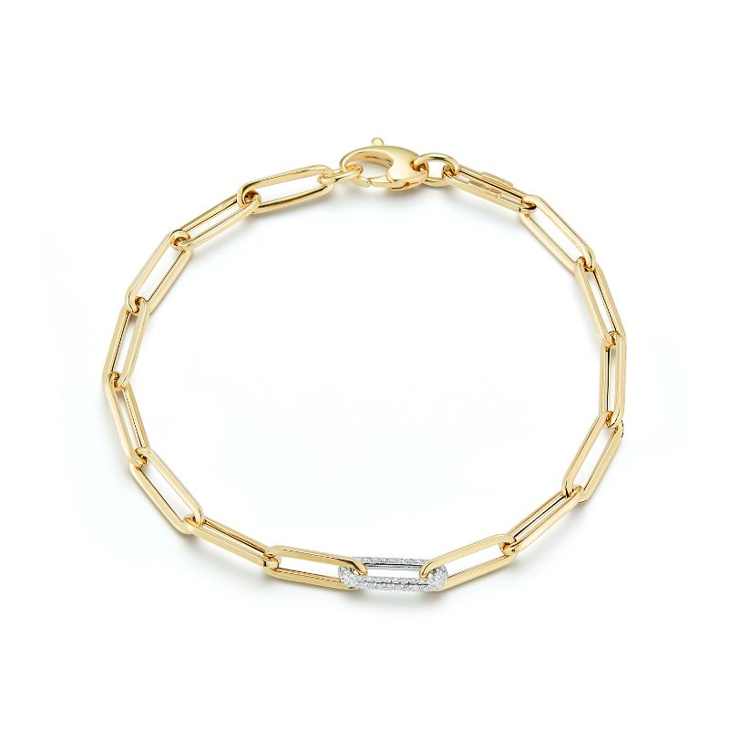 Deutsch Signature Paperclip Solid Gold Link Bracelet with 1 Diamond Pave Link