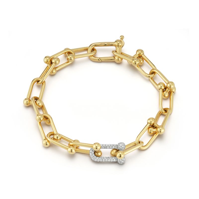 Deutsch Signature U Shape Solid Gold Link Bracelet with One Diamond Section