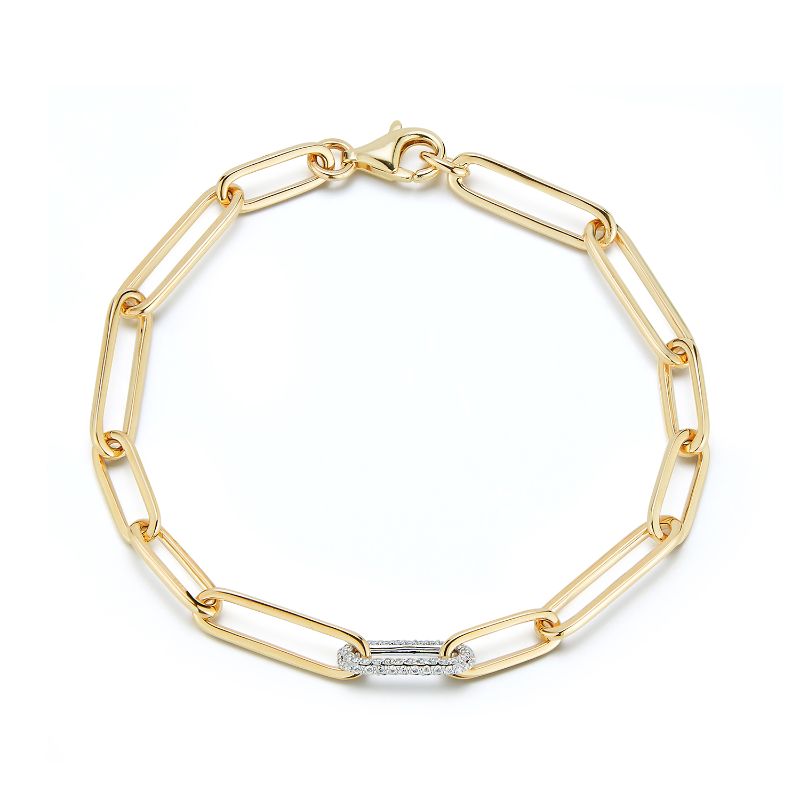 Deutsch Signature Mix Length Sold Gold Paperclip Bracelet with One Pave Diamond Link