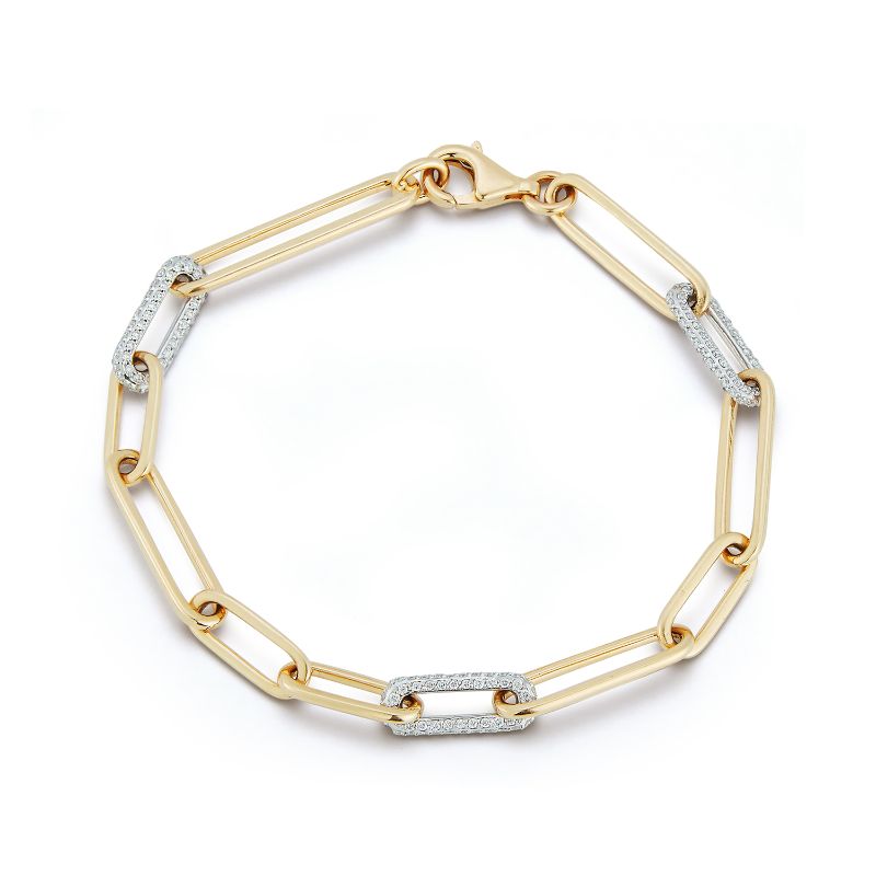 Deutsch Signature Mix Length Sold Gold Paperclip Bracelet with Three Pave Diamond Link