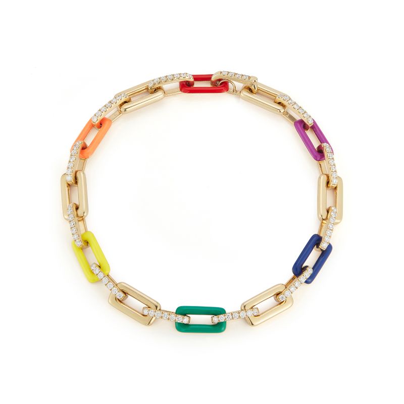 Deutsch Signature Small Rainbow Enamel Gold Link Bracelet with Pave Diamond Bar Connection