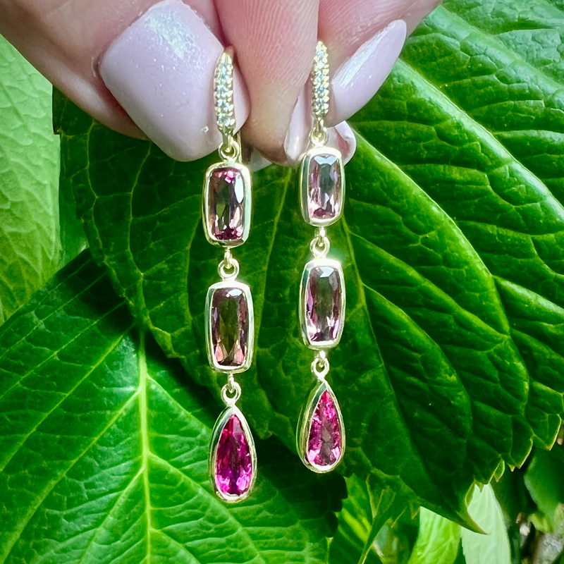 Pink Tourmaline Bezel Set Three Stone Joyce Earrings