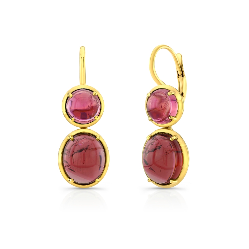 Rahaminov 18K Yellow Gold Pink Tourmaline Cabochons Bezel Set Drop Earrings