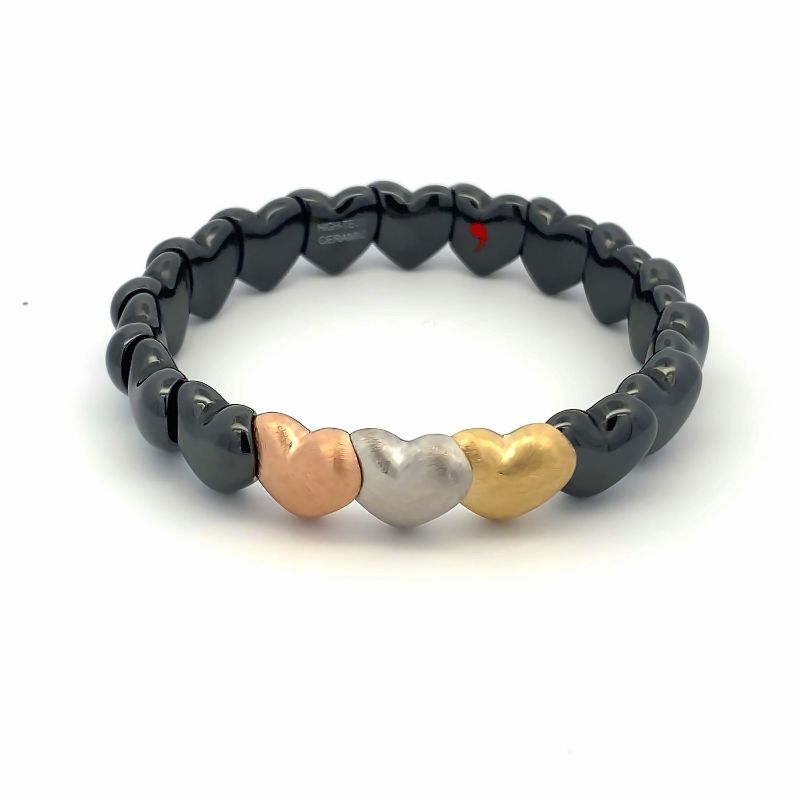 Black Ceramic Heart Bracelet with 1 Matte White, Yellow and Rose Gold Heart