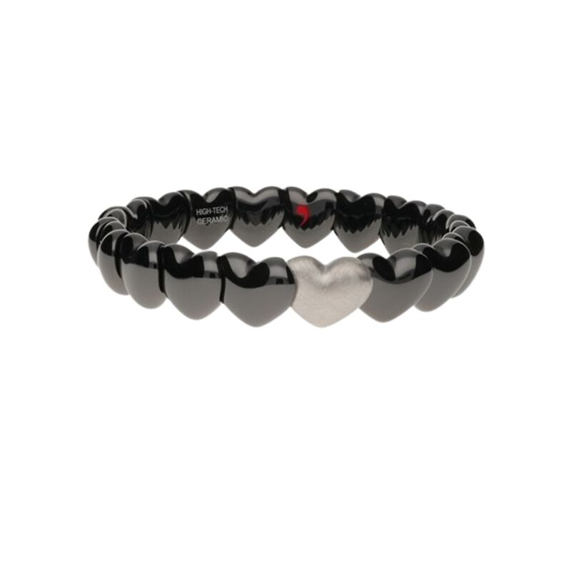 Black Ceramic Heart Bracelet with 1 Matte White Gold Heart