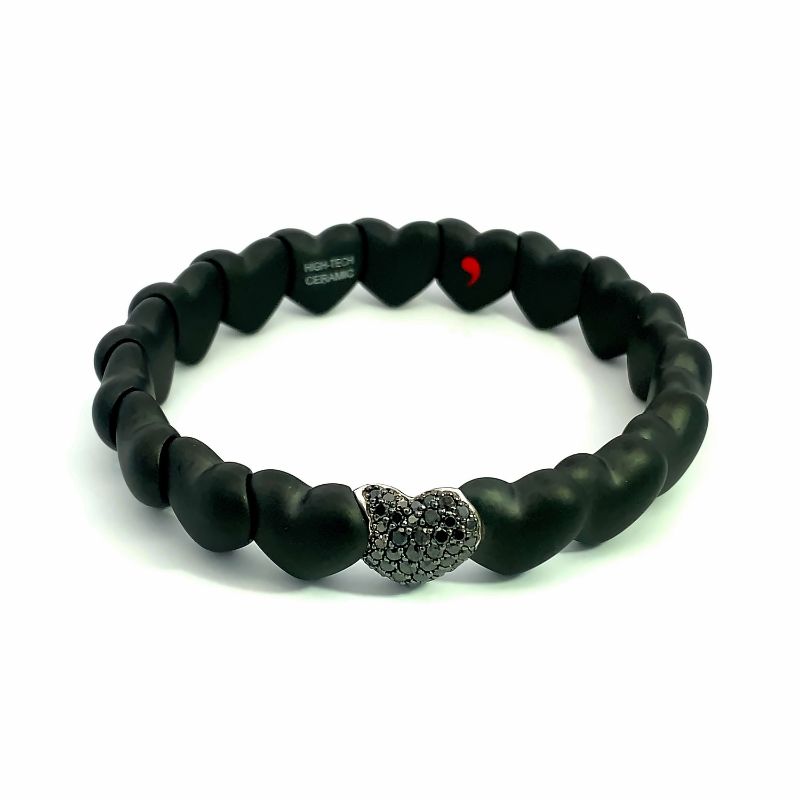 Matte Black Ceramic Heart Bracelet with 1 Black Diamond Heart