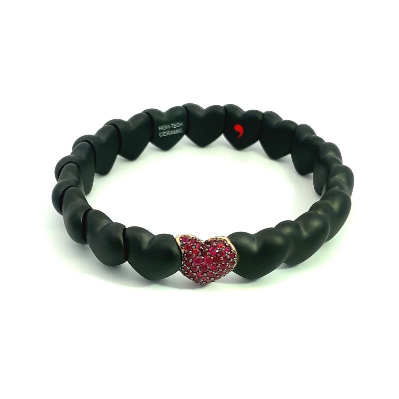 Matte Black Ceramic Heart Bracelet with 1 Ruby Heart