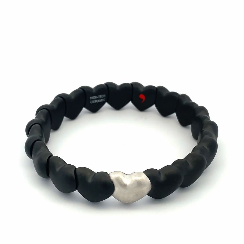 Matte Black Ceramic Heart Bracelet with 1 Matte White Gold Heart