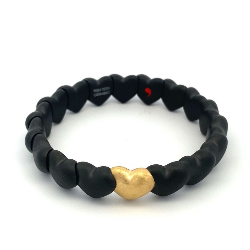 Matte Black Ceramic Heart Bracelet with 1 Matte Yellow Gold Heart