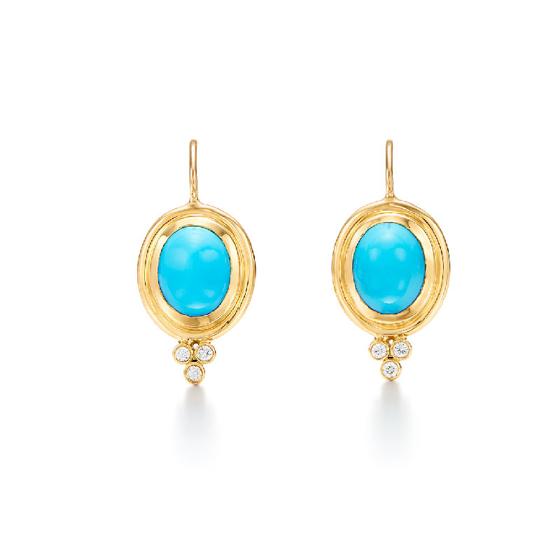 18 Karat Yellow Gold Oval Turquoise Earrings With Diamond Granulation Bottom
