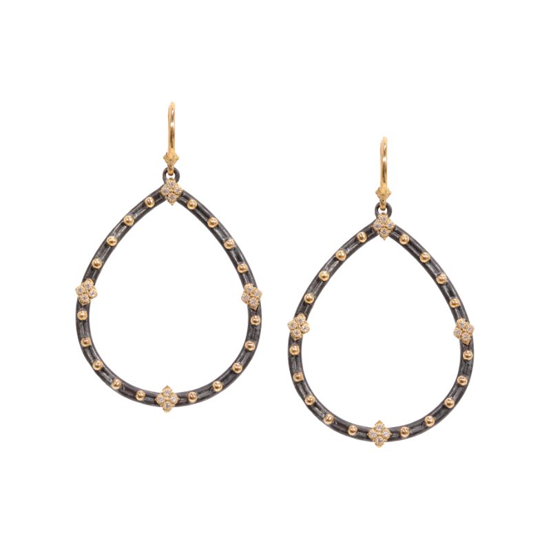 Old World Open Pear Earrings With White Diamonds And Gold Granulation