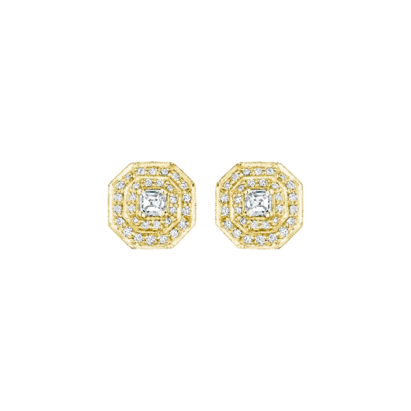 18K White Gold Double Row Octagon Earring With Asscher-Cut Center Stone On Post