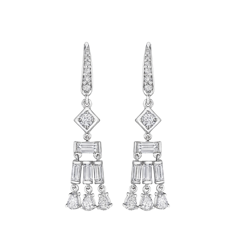 Fancy-Cut Moderne Deco Earrings With Baguettes & Pear Cut Diamonds On French Wire (1 1/2