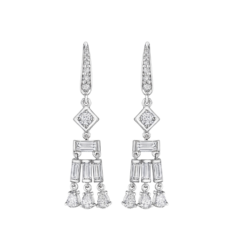 Fancy-Cut Moderne Deco Earrings With Baguettes & Pear Cut Diamonds On French Wire (1 1/2