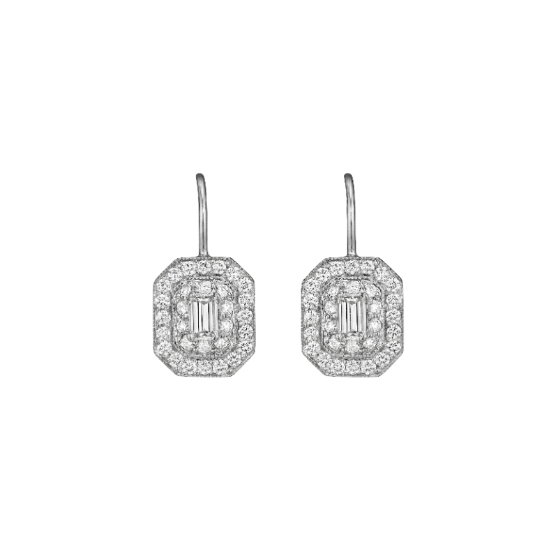 Petite Emerald Shape Diamond Earrings With Emerald-Cut Center Stone On French Wire