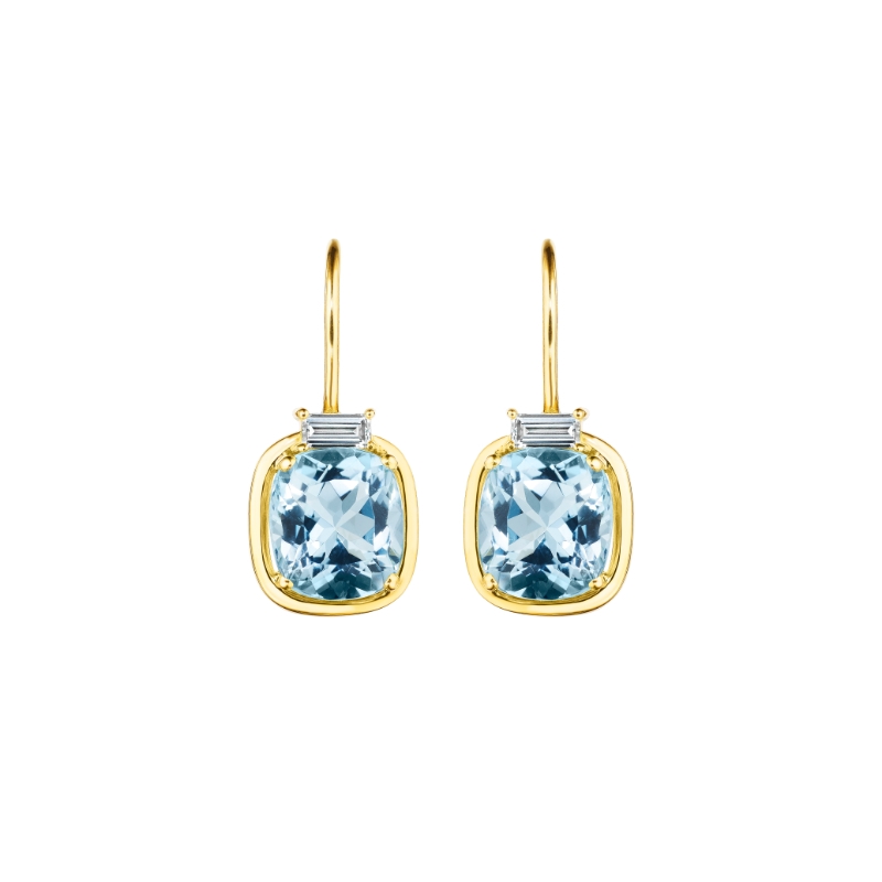 Aquamarine Drop Earrings With Diamond Baguette Top On French Wire