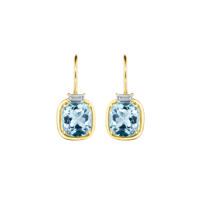 Aquamarine Drop Earrings With Diamond Baguette Top On French Wire