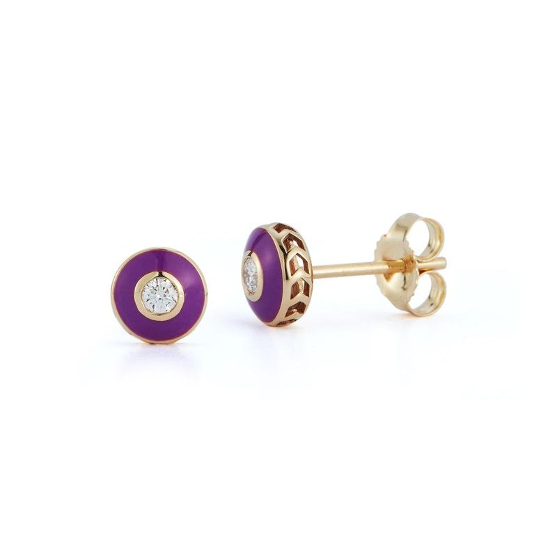 Deutsch Signature Purple Enamel with One Diamond Bezel Stud Earrings