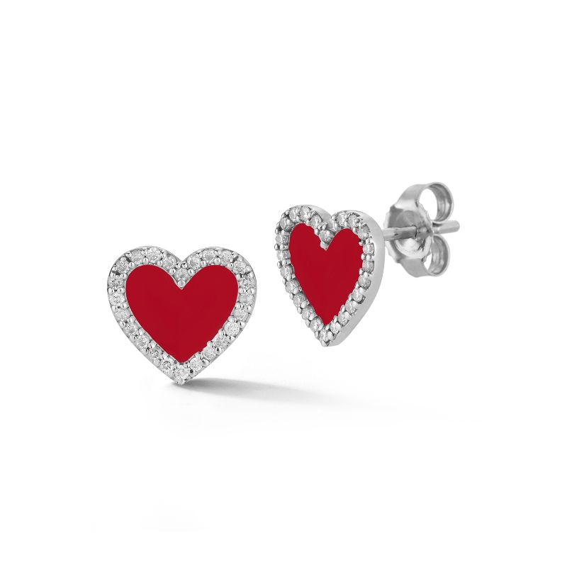 Deutsch Signature Red Enamel Heart Stud Earring with Diamond Border