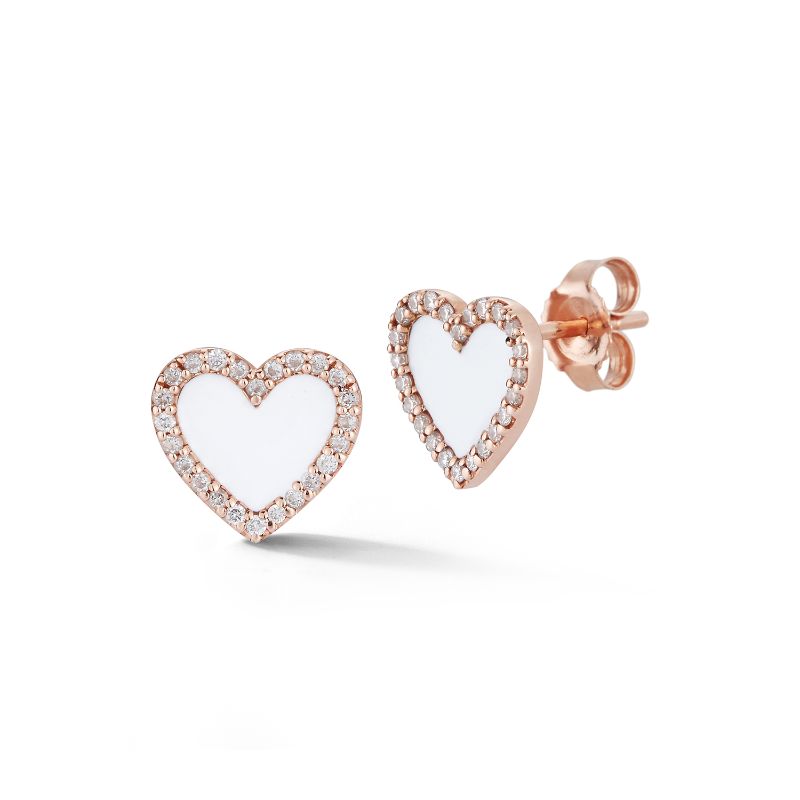 Deutsch Signature White Enamel Heart Stud Earring with Diamond Border