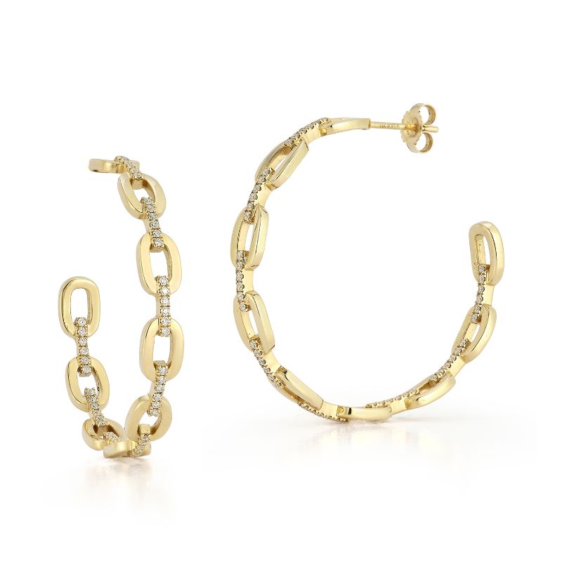Deutsch Signature Gold Link Stud Hoop Earrings with Pave Diamond Bar Connection
