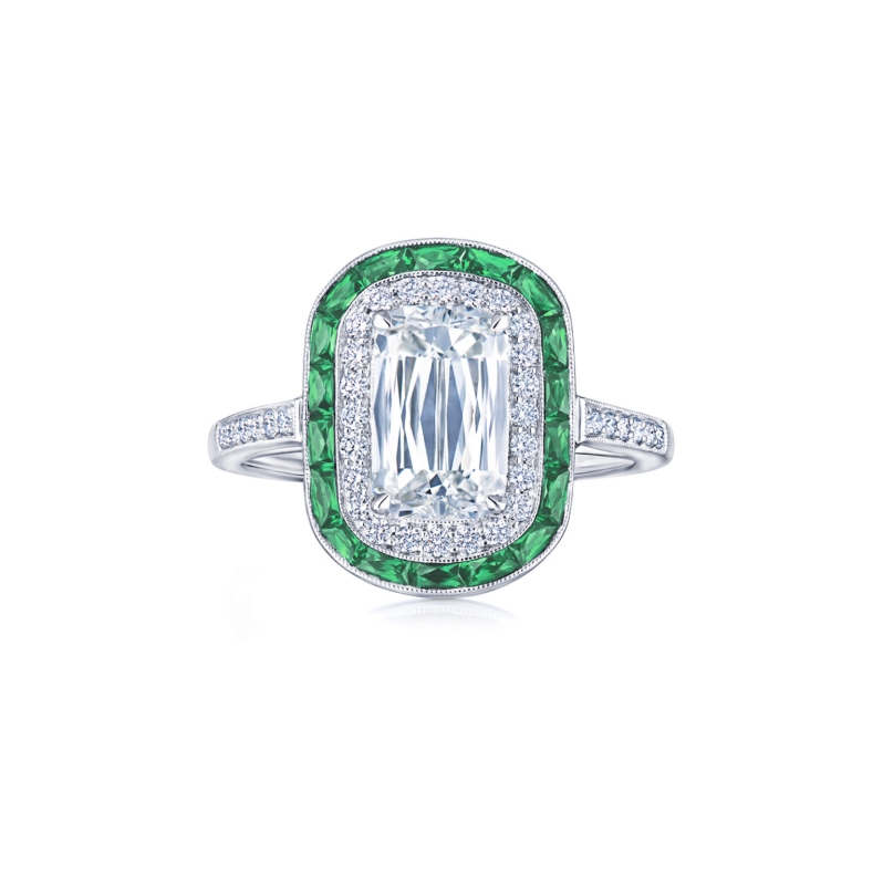Ashoka Diamond Engagement Ring with an Emerald and Diamond Double Halo in Platinum
