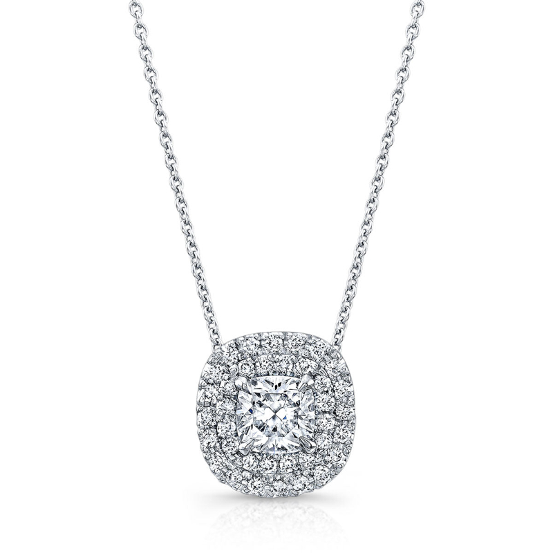 Norman Silverman Petite 18K White Gold Cushion Cut Double Halo Pendant