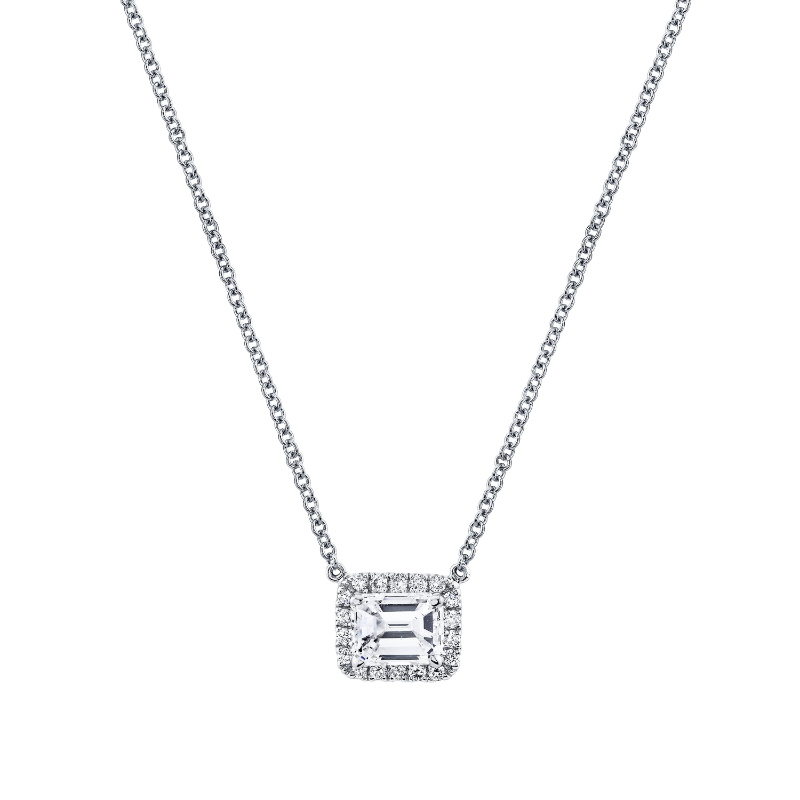 Norman Silverman Emerald Cut Diamond Halo Pendant In 18K White Gold