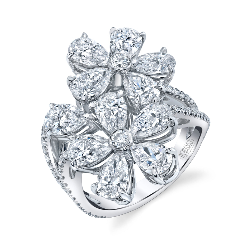 Norman Silverman 18K White Gold Floret Pave Cocktail Ring
