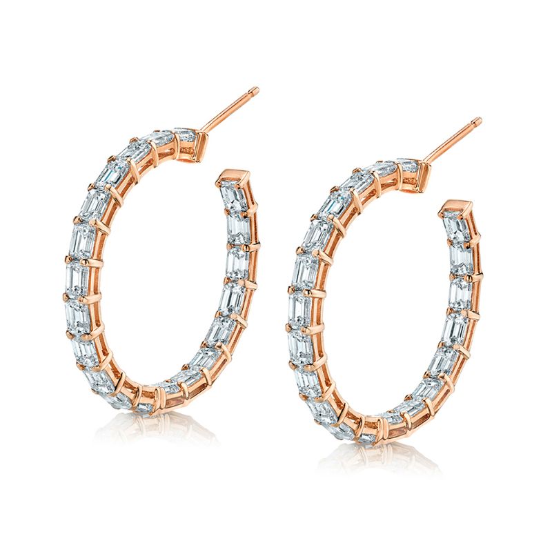 Norman Silverman Emerald Cut Diamond Hoops Set In 18 Karat Rose Gold