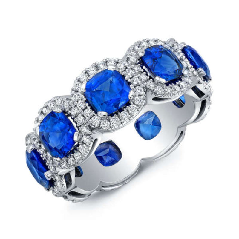 Norman Silverman Platinum Cushion-Cut Blue Sapphires Pave Halo Eternity Band