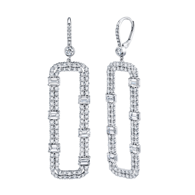 Norman Silverman Rectangular Dangle Earrings  With Emerald Cut And Round Cut Diamonds Set In 18 Karat Rose Gold