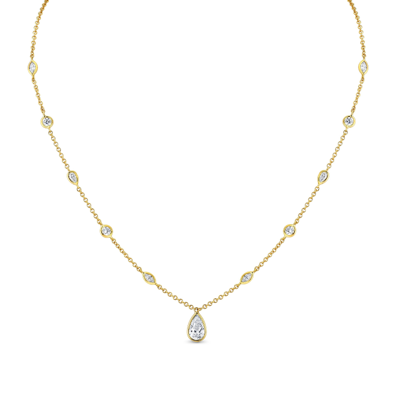 Norman Silverman 18K Station Necklace With Pear Shape Diamond Pendant