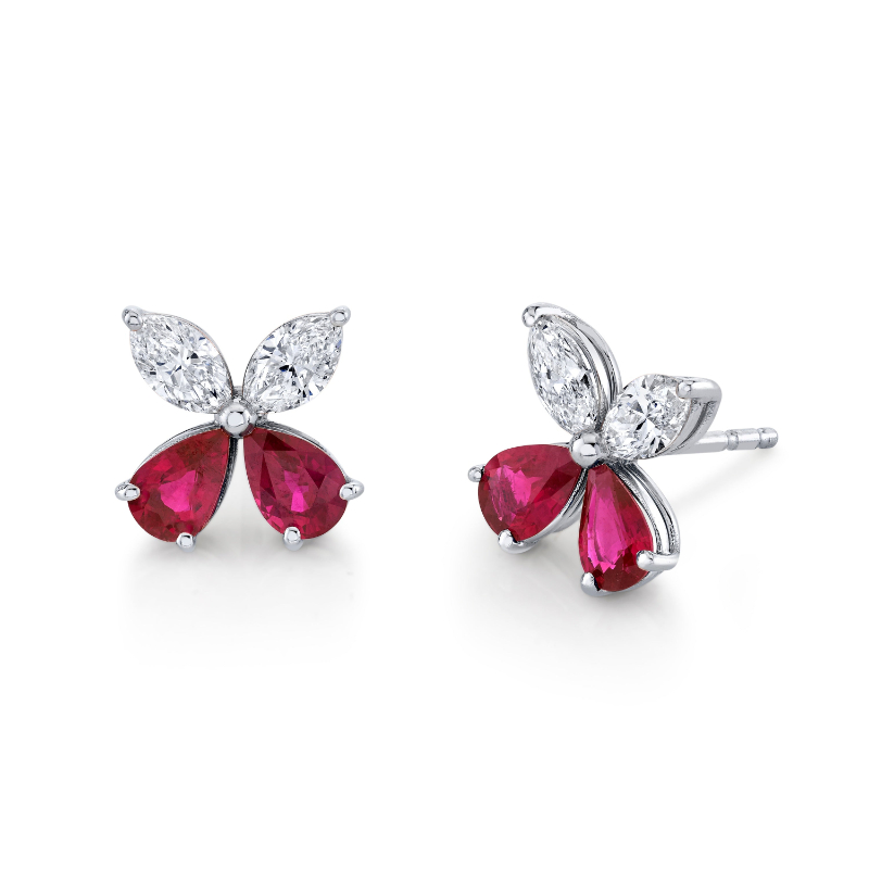 Norman Silverman 2.52 Carat Diamond And Ruby Floret Studs