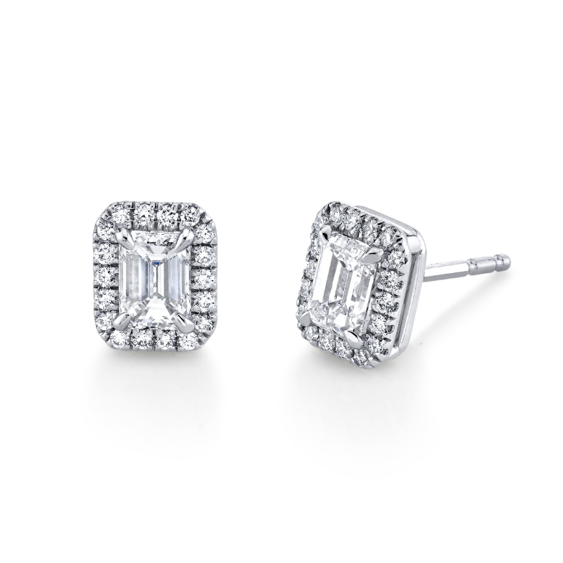 Norman Silverman Emerald-Cut Diamond Halo Studs