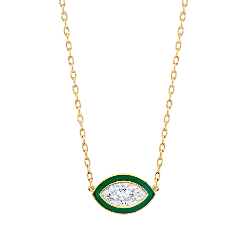 Norman Silverman Marquise-Cut Diamond In Green Enamel Pendant