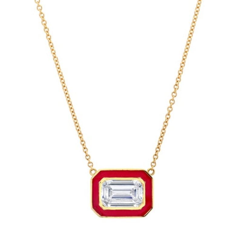 Norman Silverman Emerald-Cut Diamond In Red Enamel Pendant