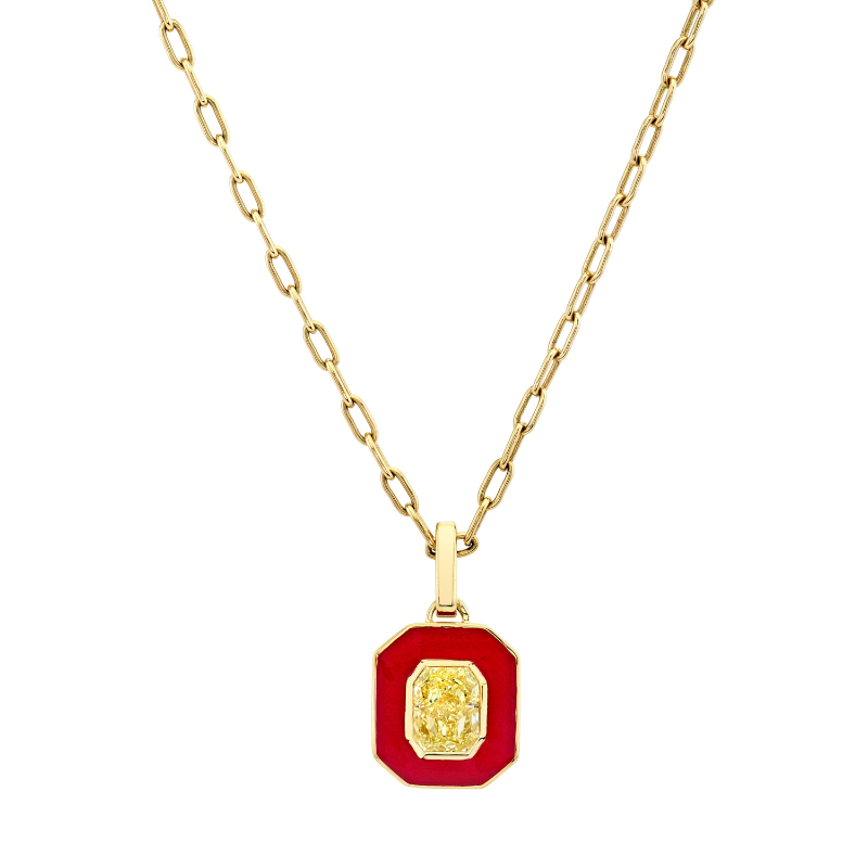 Norman Silverman Fancy Yellow Radiant-Cut Diamond In Red Enamel Pendant