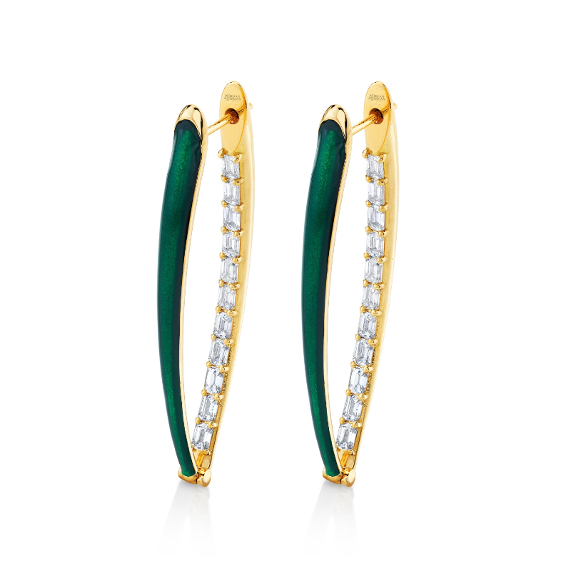Norman Silverman Emerald Cut Diamonds And Green Enamel Earrings