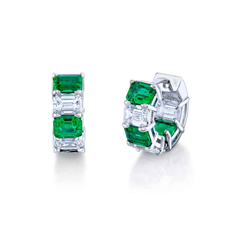 Norman Silverman Alternating Diamond & Emerald Huggie Earrings