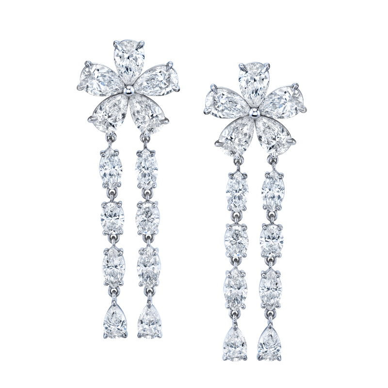 Norman Silverman Pear Shape Diamond Floret Dangle Earrings