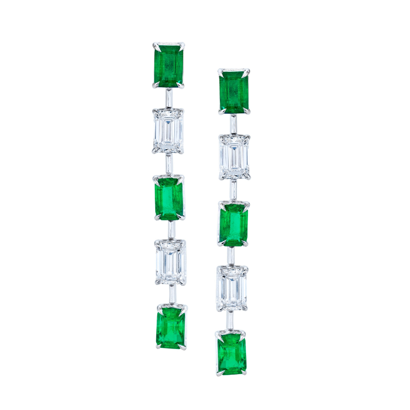 Norman Silverman Green Emeralds And Emerald-Cut Diamond Earrings