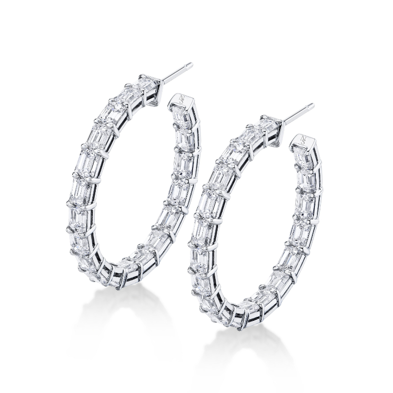 Norman Silverman East-West Emerald Cut Diamond Hoop Earrings