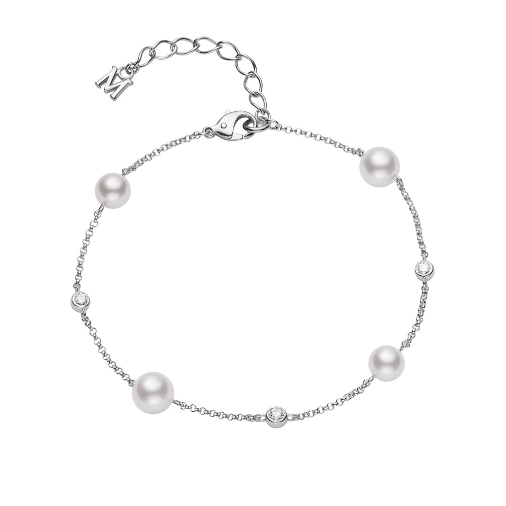 Mikimoto 18K White Gold Rhodium Plated Japan Collections Alternating Pearls And Diamonds Bracelet
